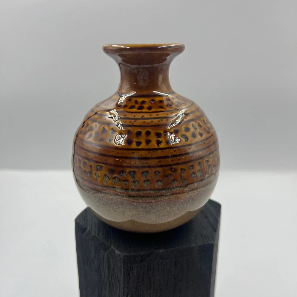 Vintage‎ Handmade Brown Glazed Pottery Bud Vase Textured Earth Tone Ceramic